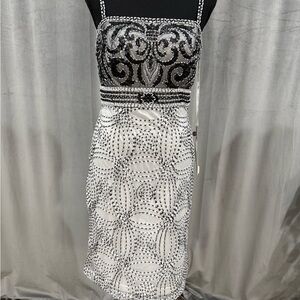 Sue Wong Black and White Beaded Mini Dress